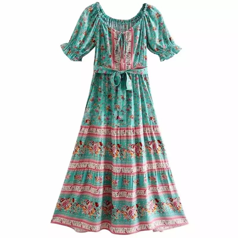 SOLD OUT Turquoise Floral Boho Off Shoulder Dress - Picture 6 of 7